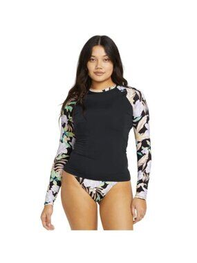 NWT Billabong Shadow Tropic Long Sleeve Swim Top Rash Guard Black & Floral XS